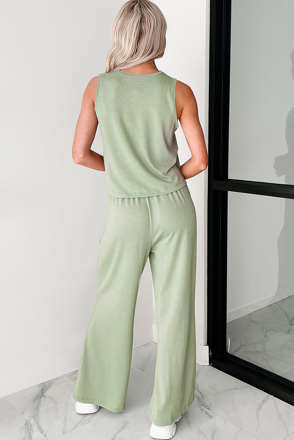 Green Textured Tank Top and Drawstring High Waist Trousers Co-ord Set eAura