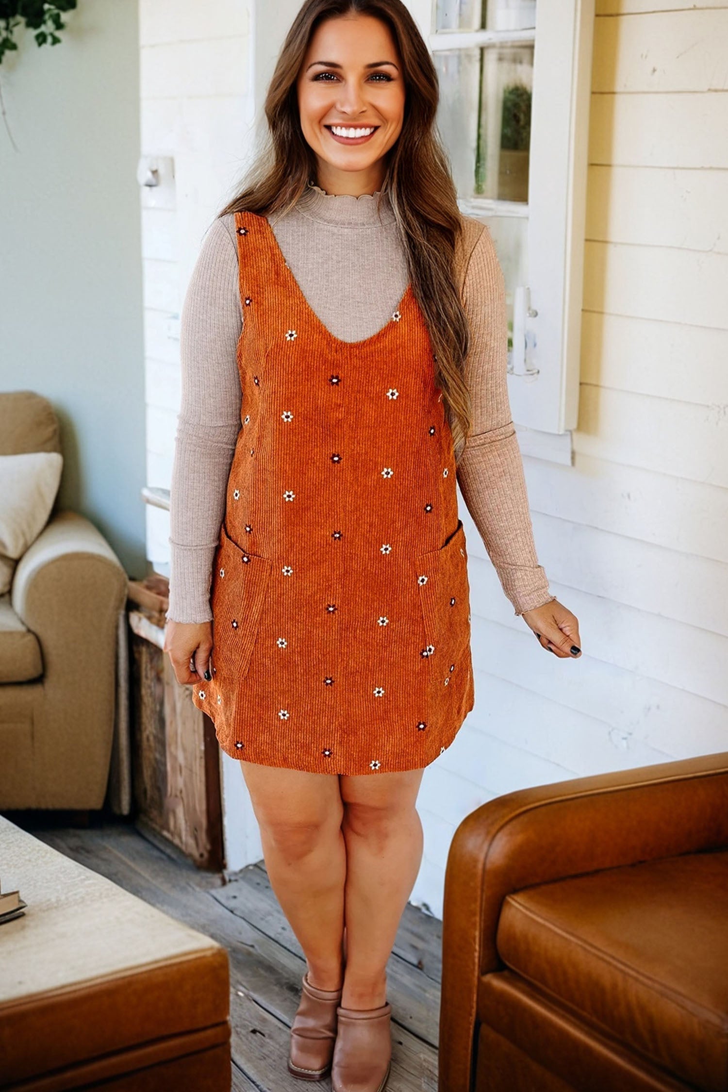 Flower Embroidered Corduroy Overall Mini Dress - eAura