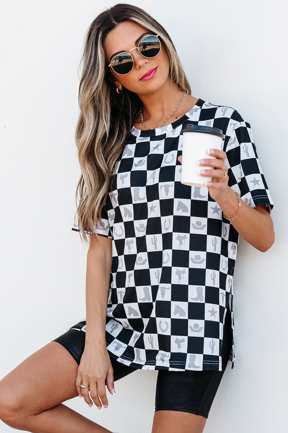 Black Western Fashion Checkerboard Print Side Split T Shirt eAura