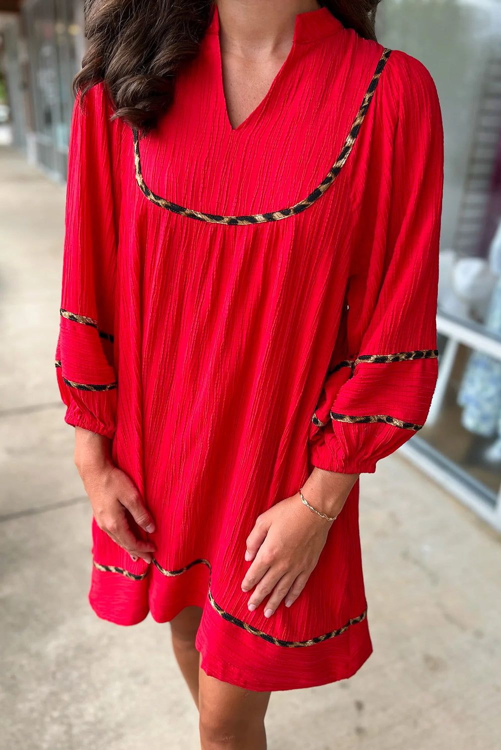 Red Textured V-Neck Leopard Contrasted Trim Long Sleeve Shift Mini Dress