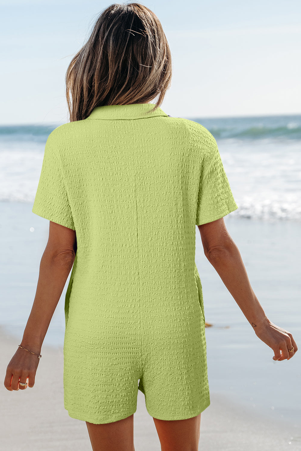 Meadow Mist Green Textured Short Sleeve Patched Pocket Buttoned Shirt Romper eAura