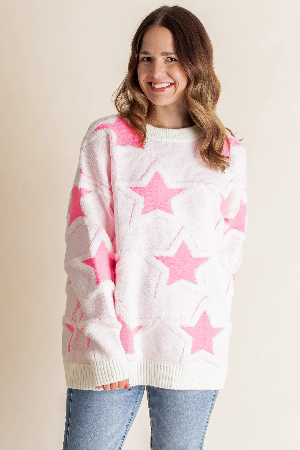 Pink Oversized Cute Star Pattern Ribbed Edge Drop Shoulder Sweater eAura