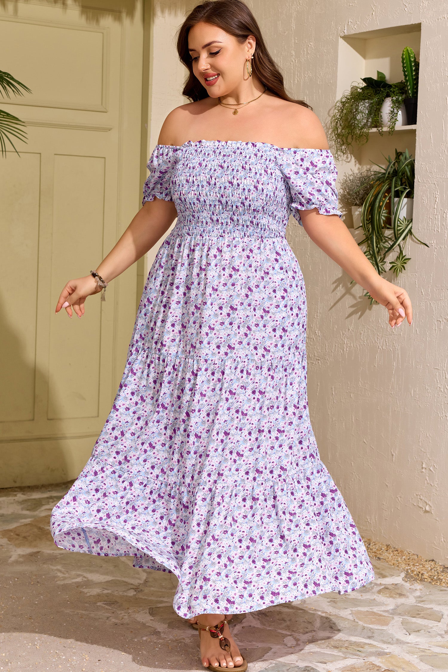 Plus Size Floral Print Square Neck Smocked Maxi Dress – Purple
