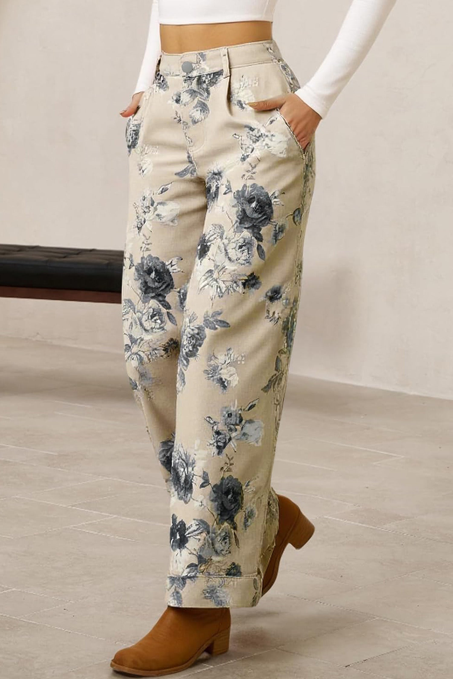 Beige Retro Floral Print Cuffed Hem Wide Leg Jeans