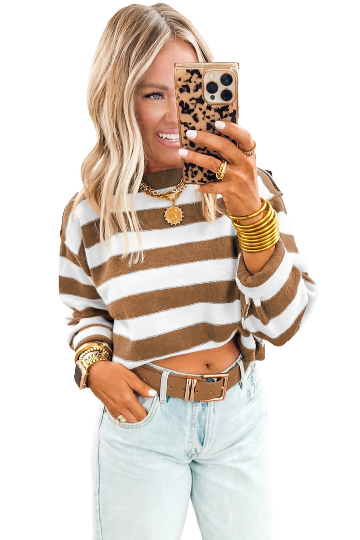Exposed-Seam Striped Sweater – Brown & Blue