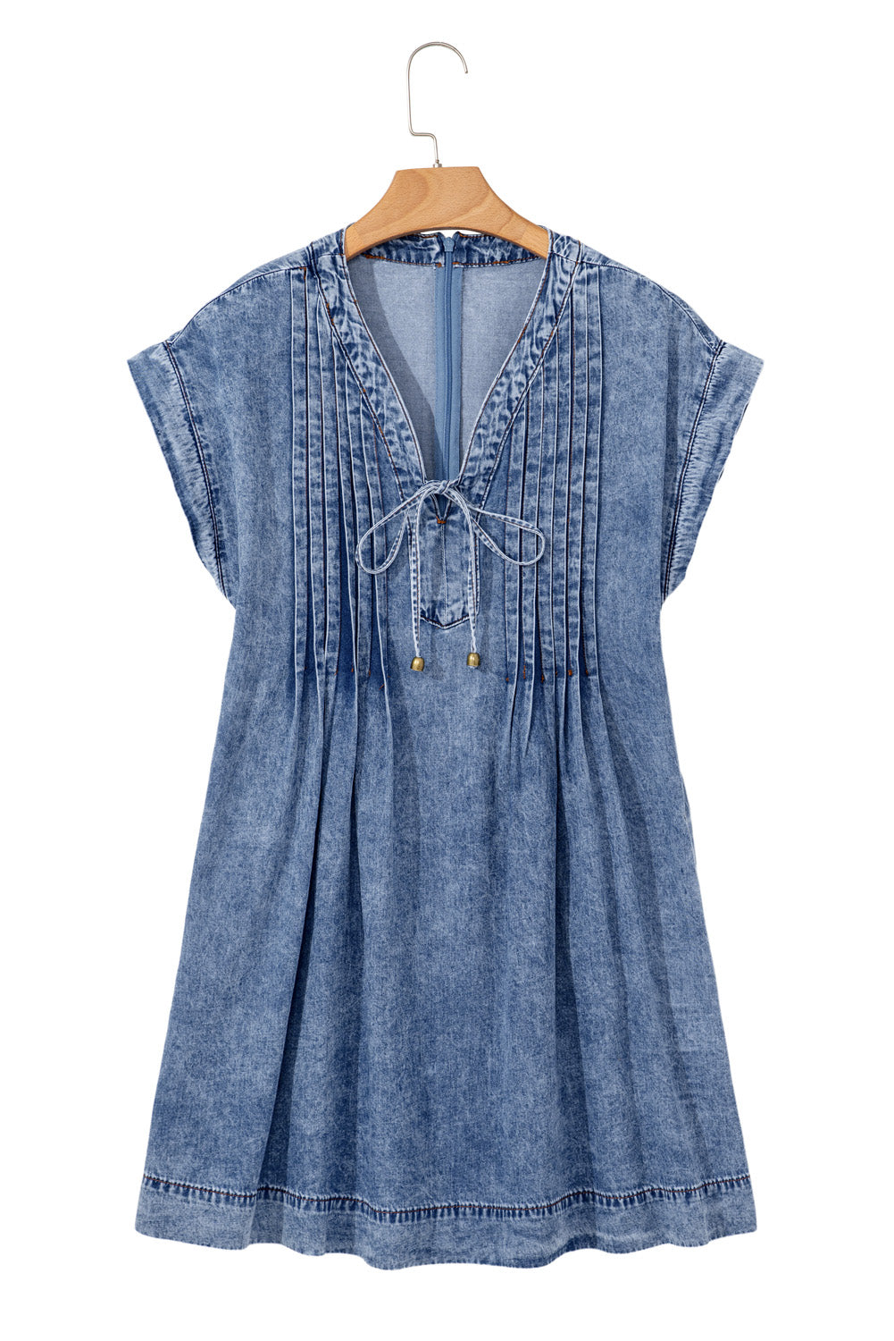 Beau Blue Tie V-Neck Tucking Detail Short Sleeve Denim Shift Dress - eAura