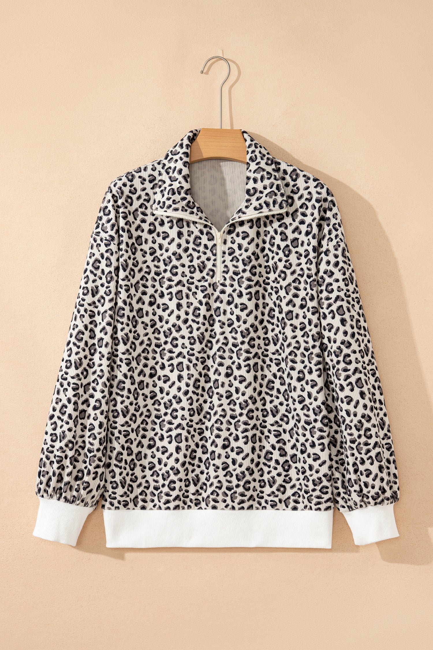 Leopard Print Quarter Zip Soft Corduroy Sweatshirt