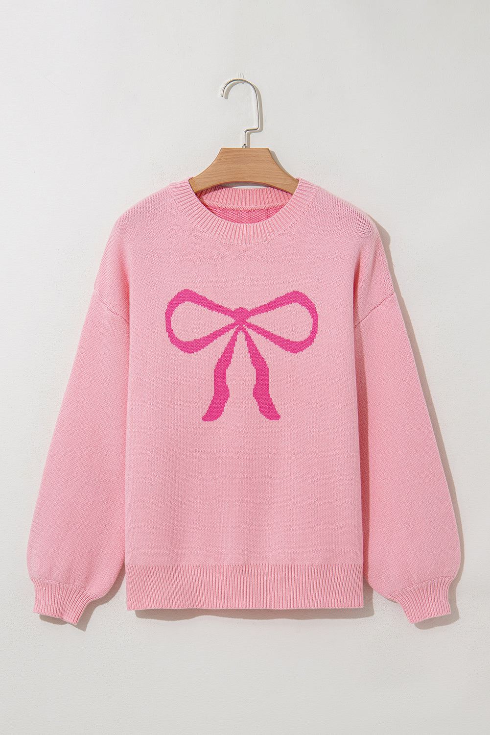 Pink Bow Graphic Drop Shoulder Round Neck Sweater eAura