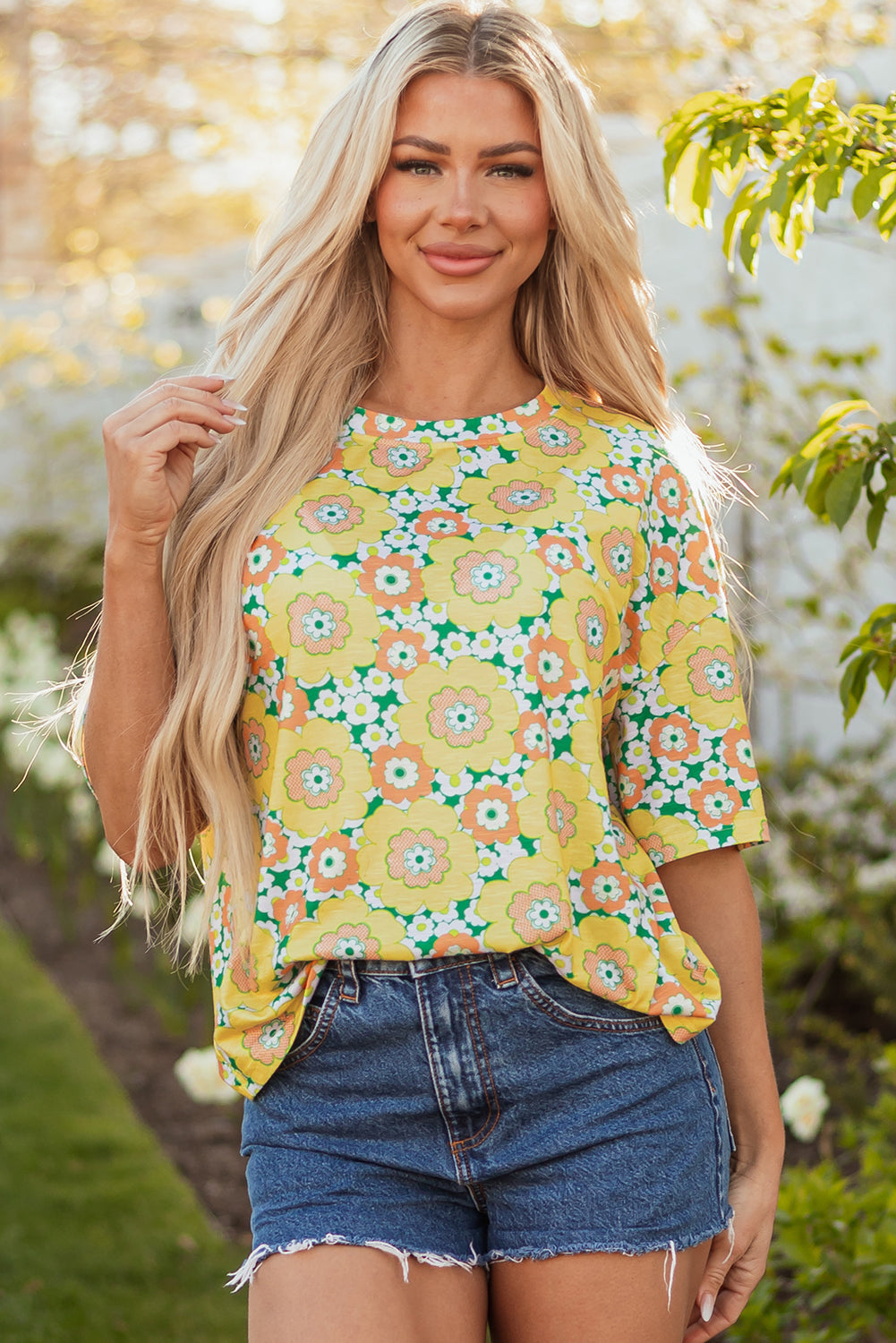 Yellow Summer Flower Printed Drop Shoulder Loose T Shirt eAura