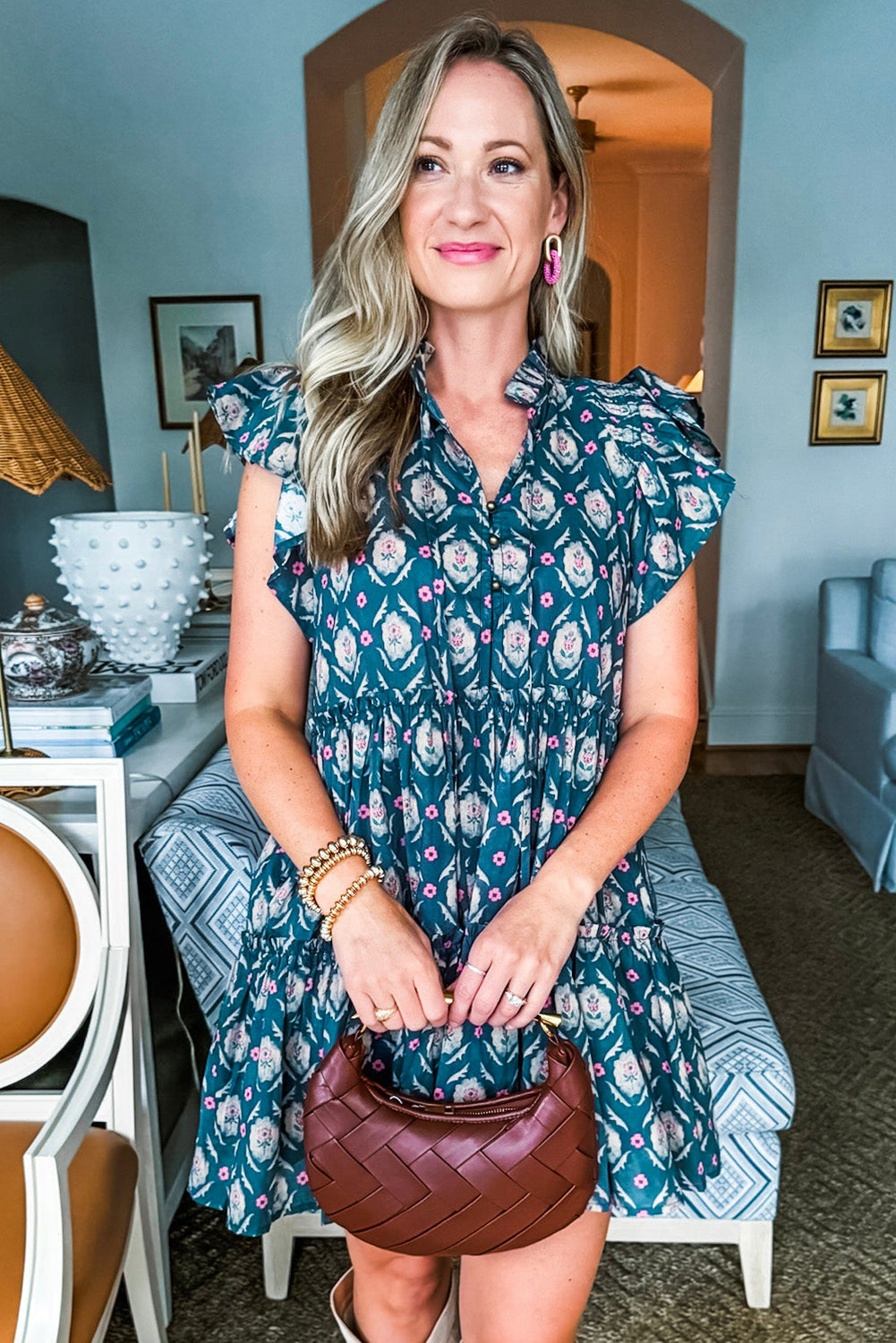 Blue Retro Floral Print Split Neck Ruffle Short Sleeve Dress eAura