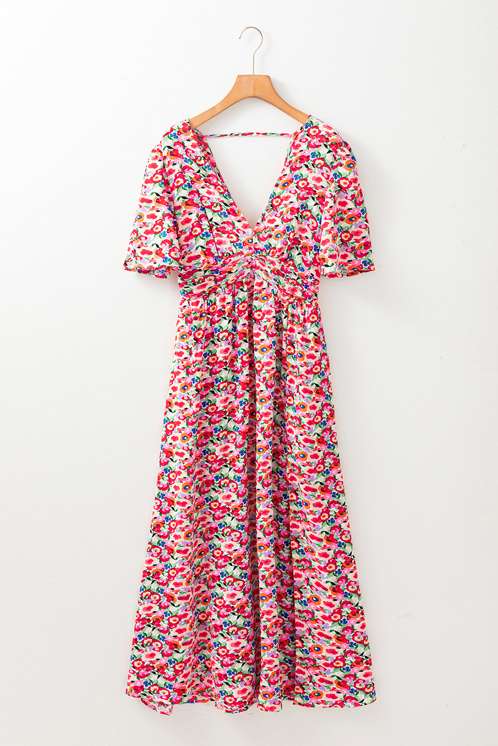 Red Floral Half Sleeve Deep V Neck Cutout Back Split Maxi Dress BB Fashion Outlet