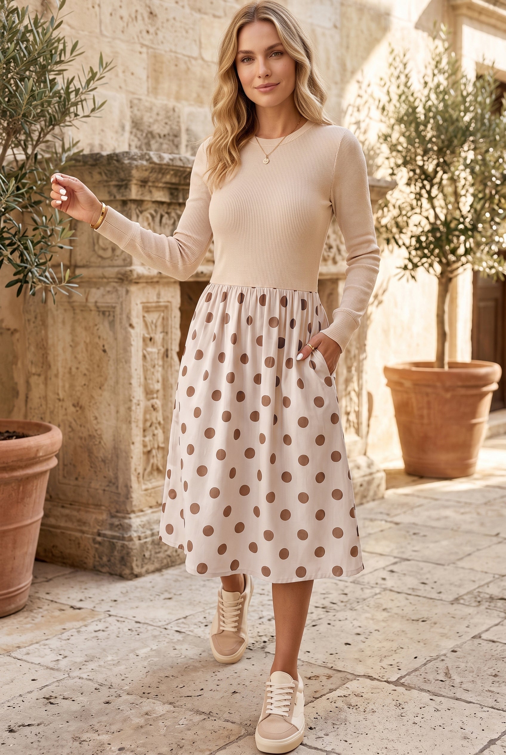 Polka Dot Midi Long Sleeve Dress – Beige