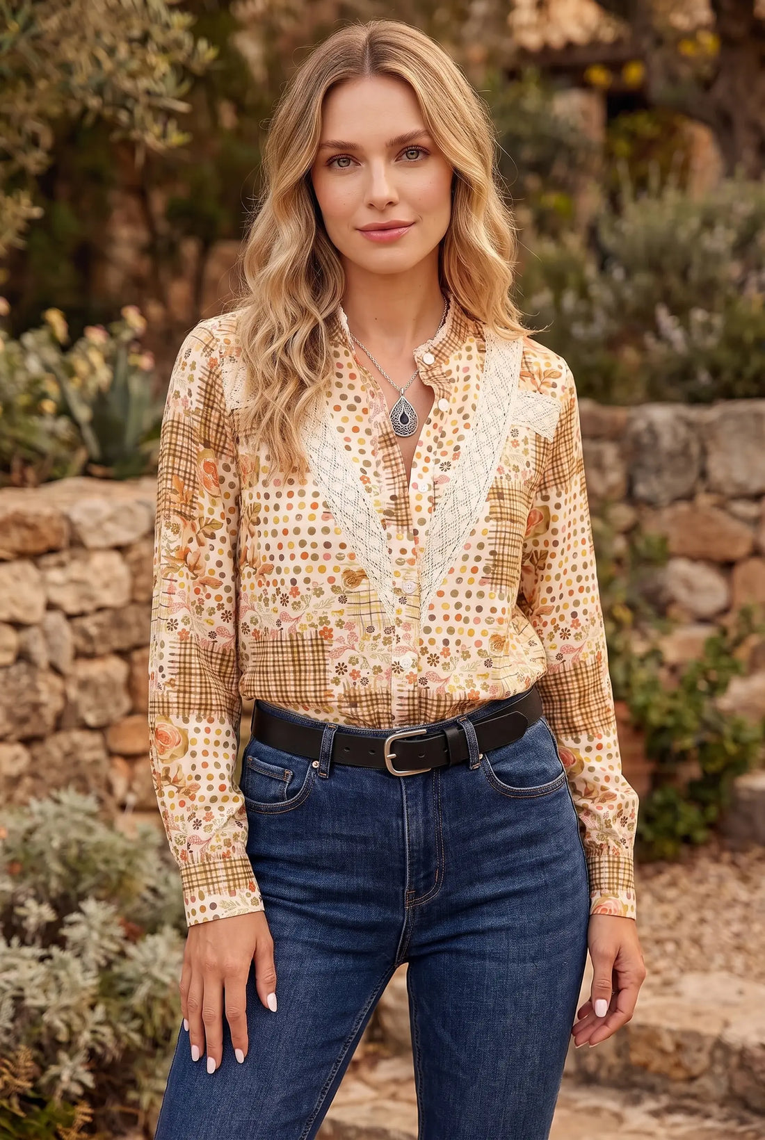 Floral Lace Trim Button Down Long Sleeve Shirt – Brown