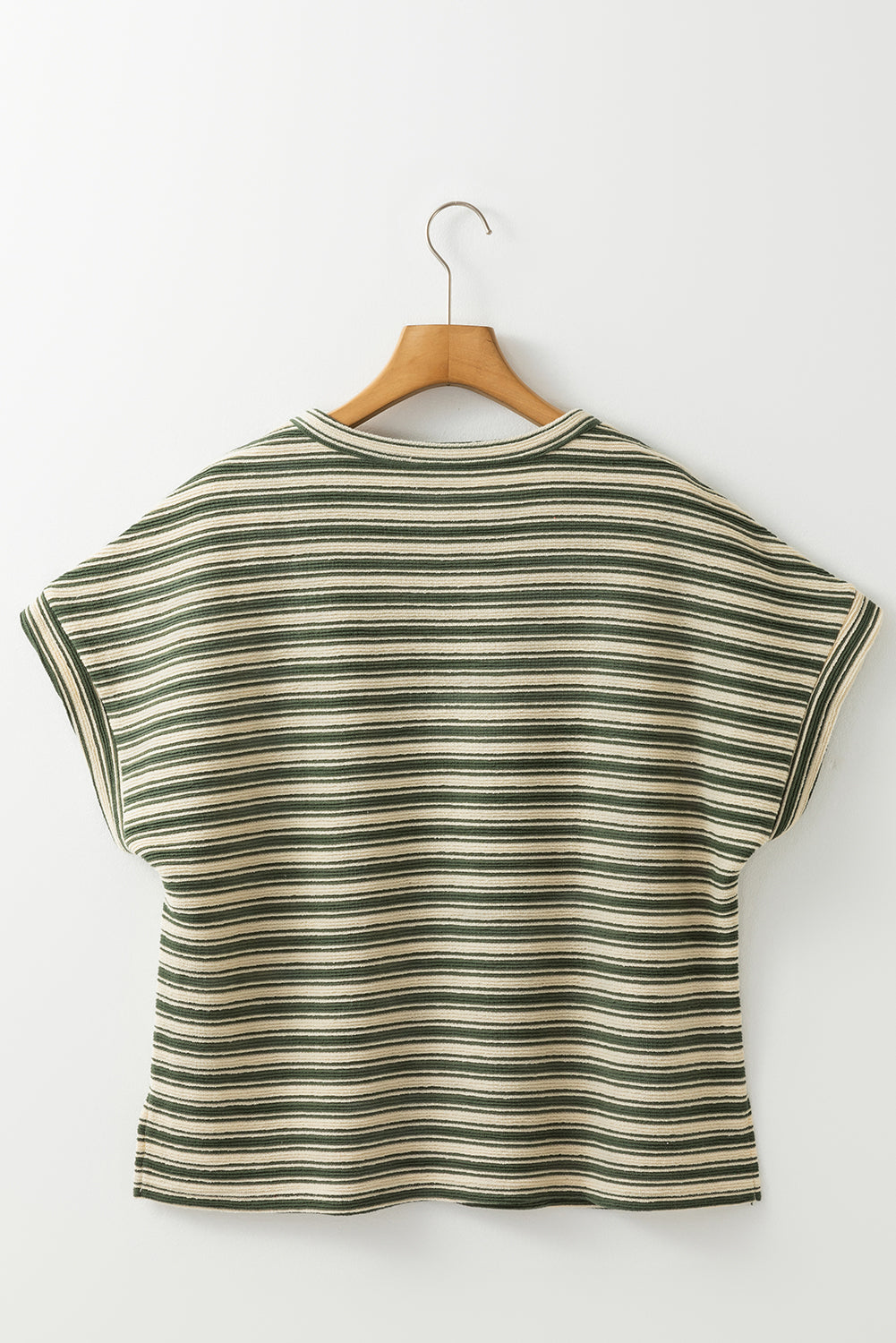 Green Stripe Textured Side Slits Crew Neck T Shirt - eAura