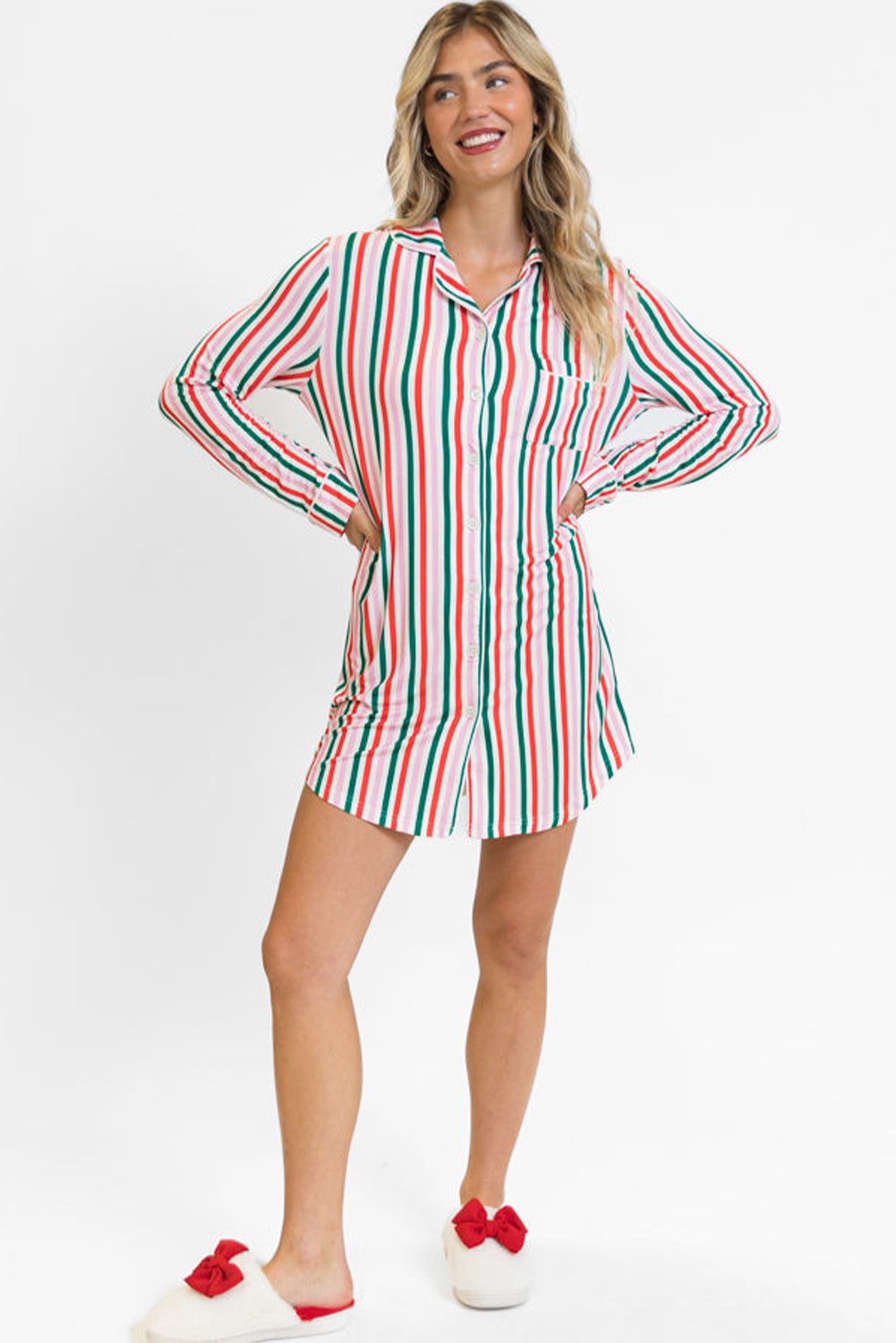Pink Stripe Christmas Long Sleeve Shirt Style Nightdress eAura