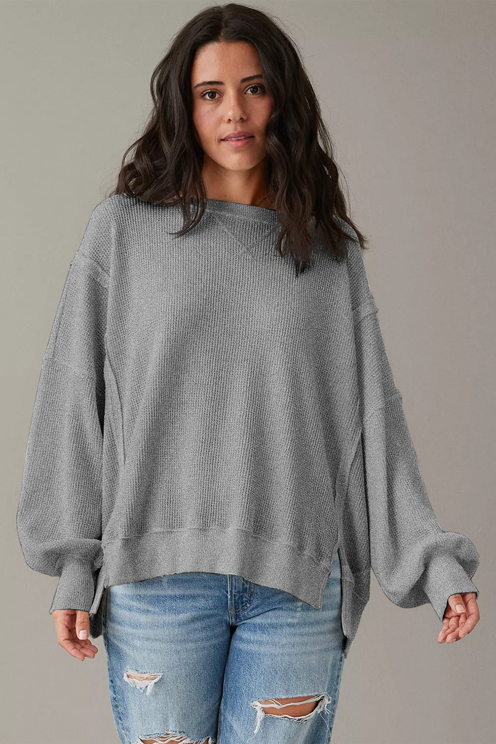 Gray Waffle knit Bishop Sleeve Split Oversized Top Beagle Boutique Fashion Outlet