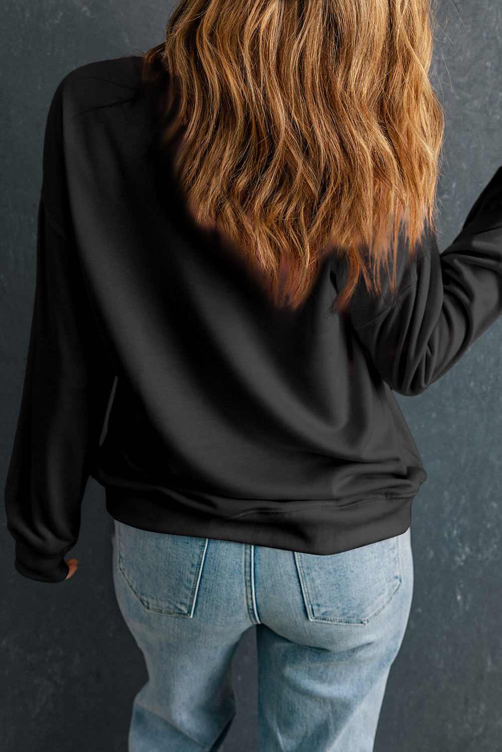 Black Solid Crew Neck Drop Shoulder Plus Size Sweatshirt BB Fashion Outlet