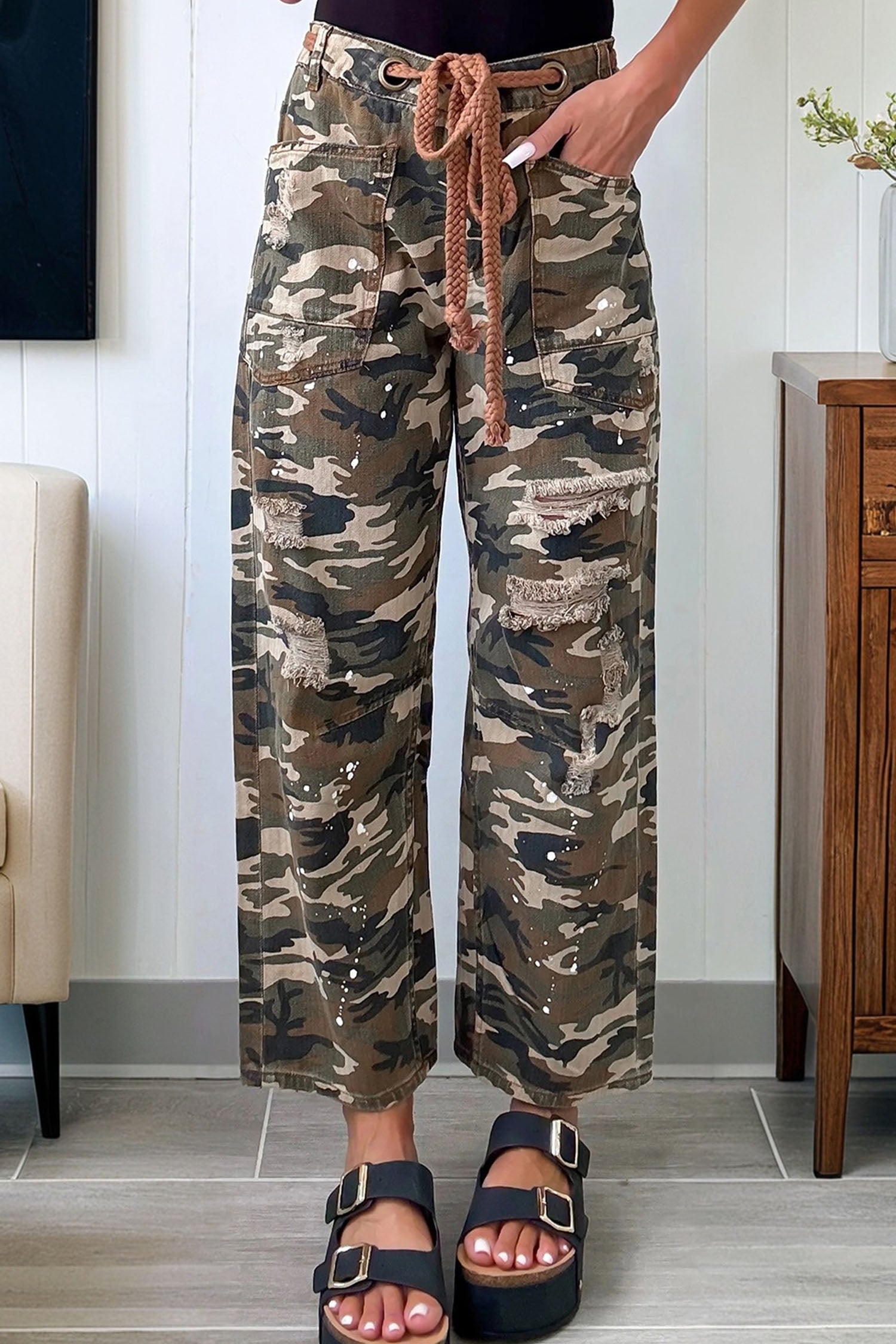Camouflage Print Splashed Distressed Loose Denim Pants - eAura