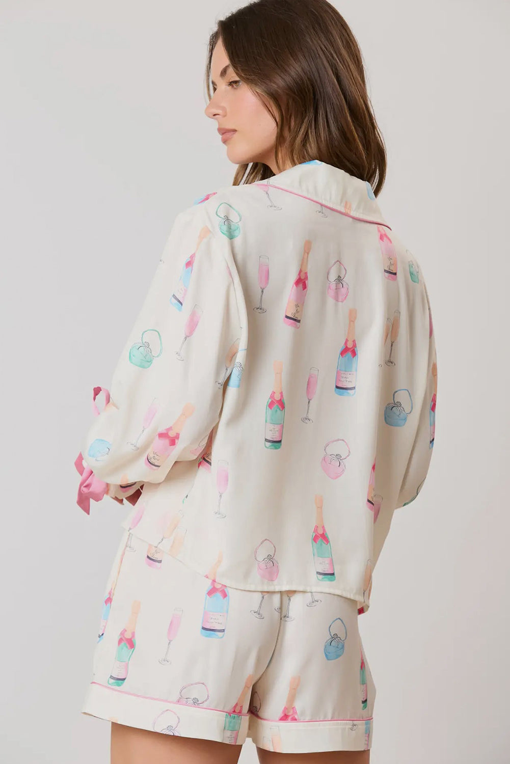 White Christmas Wine Glass Print Bow Knot Two Piece Pyjama Set - eAura