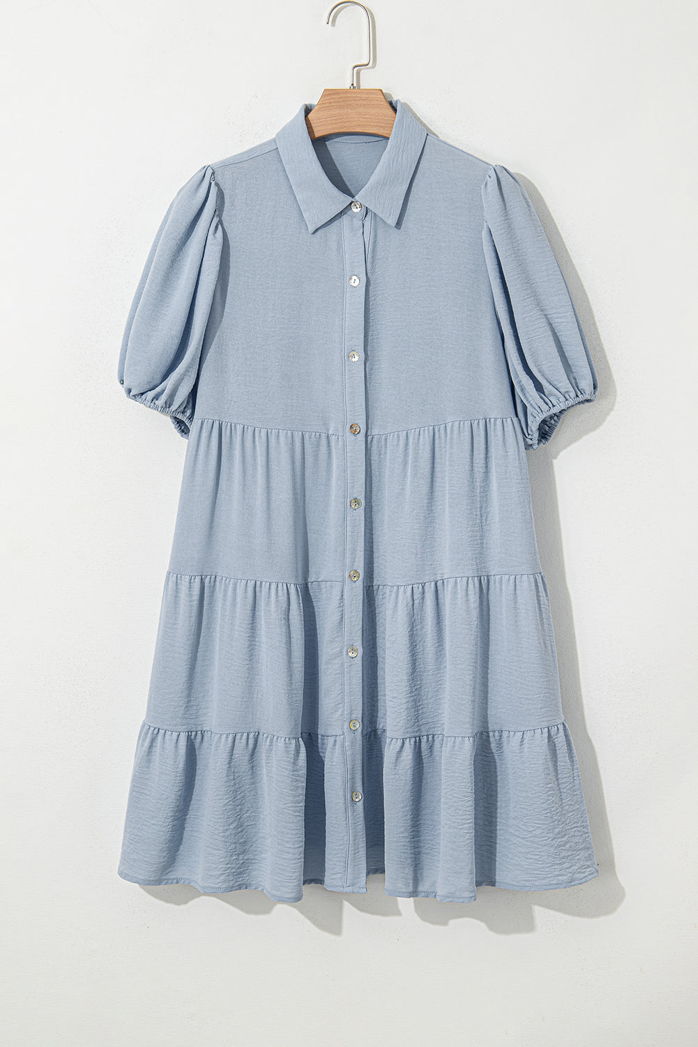 Beau Blue Shirt Collar Button Up Short Puff Sleeve Tiered Shift Dress - eAura