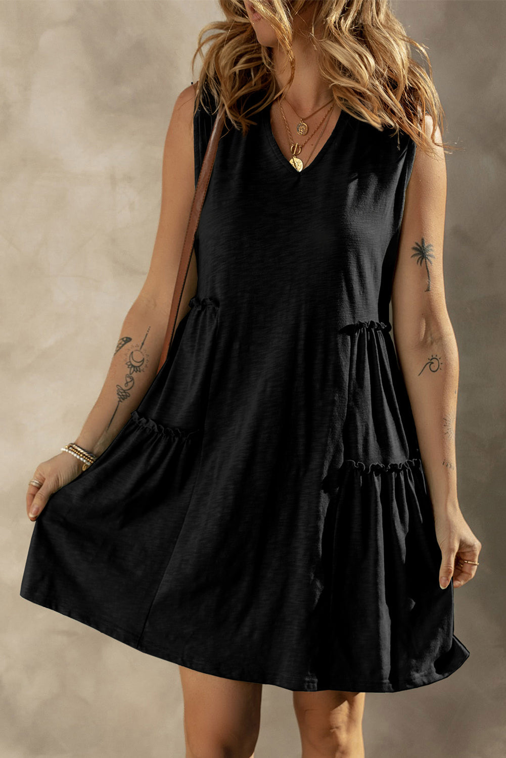 Moonlight Jade Split V Neck Tiered Flowy Sleeveless Dress BB Fashion Outlet