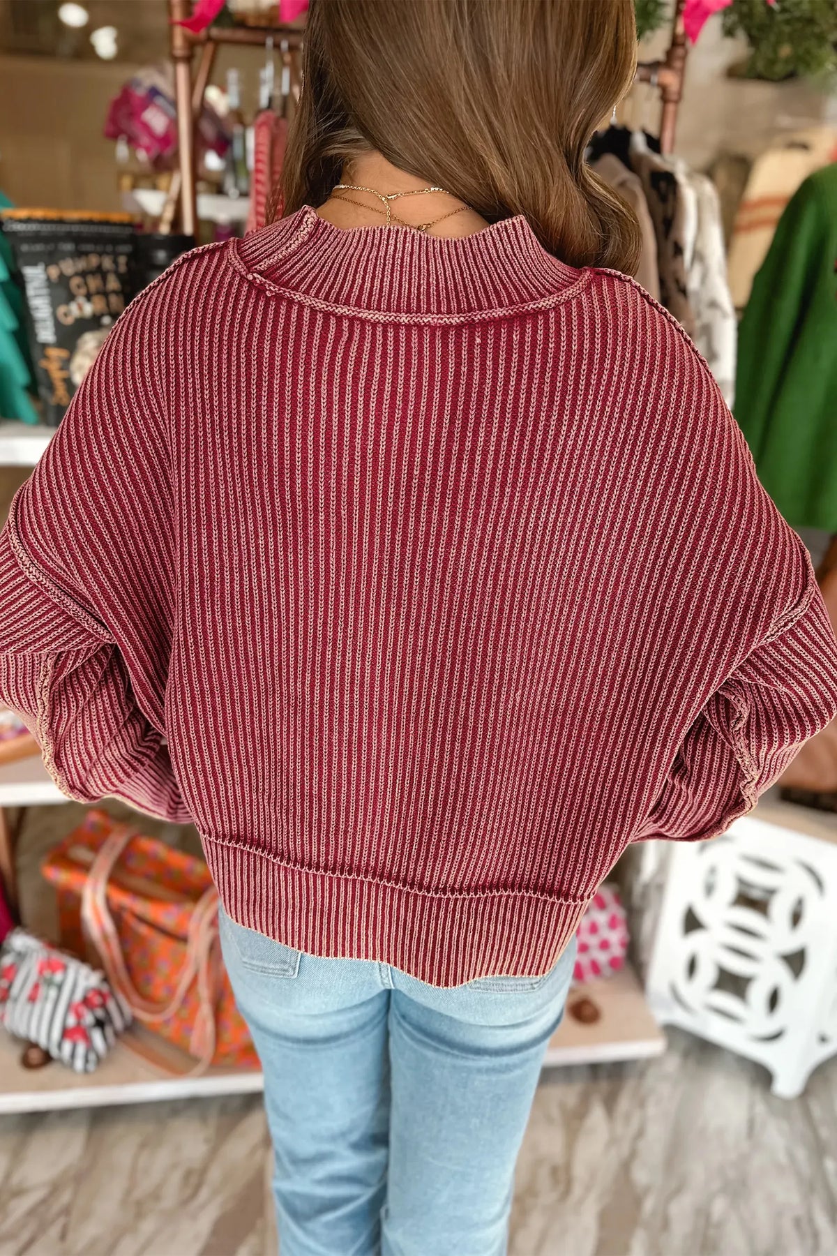 Red Dahlia Drop Shoulder High Neck Ribbed Sweater – Burgundy
