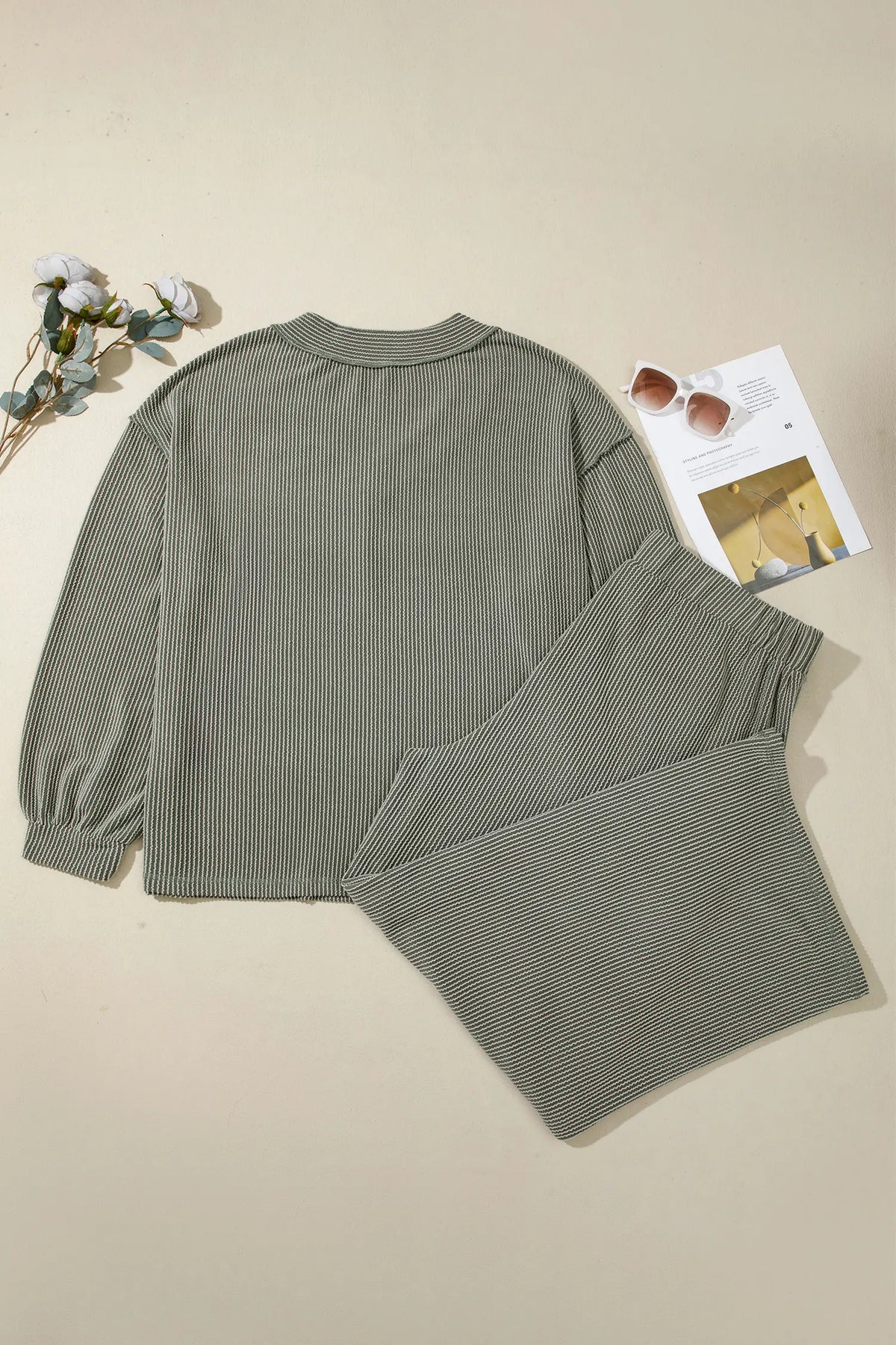 Twisted Ribbed Exposed Seam Detail V Neck Pullover Plus Size Pant Set – Four Leaf Clover