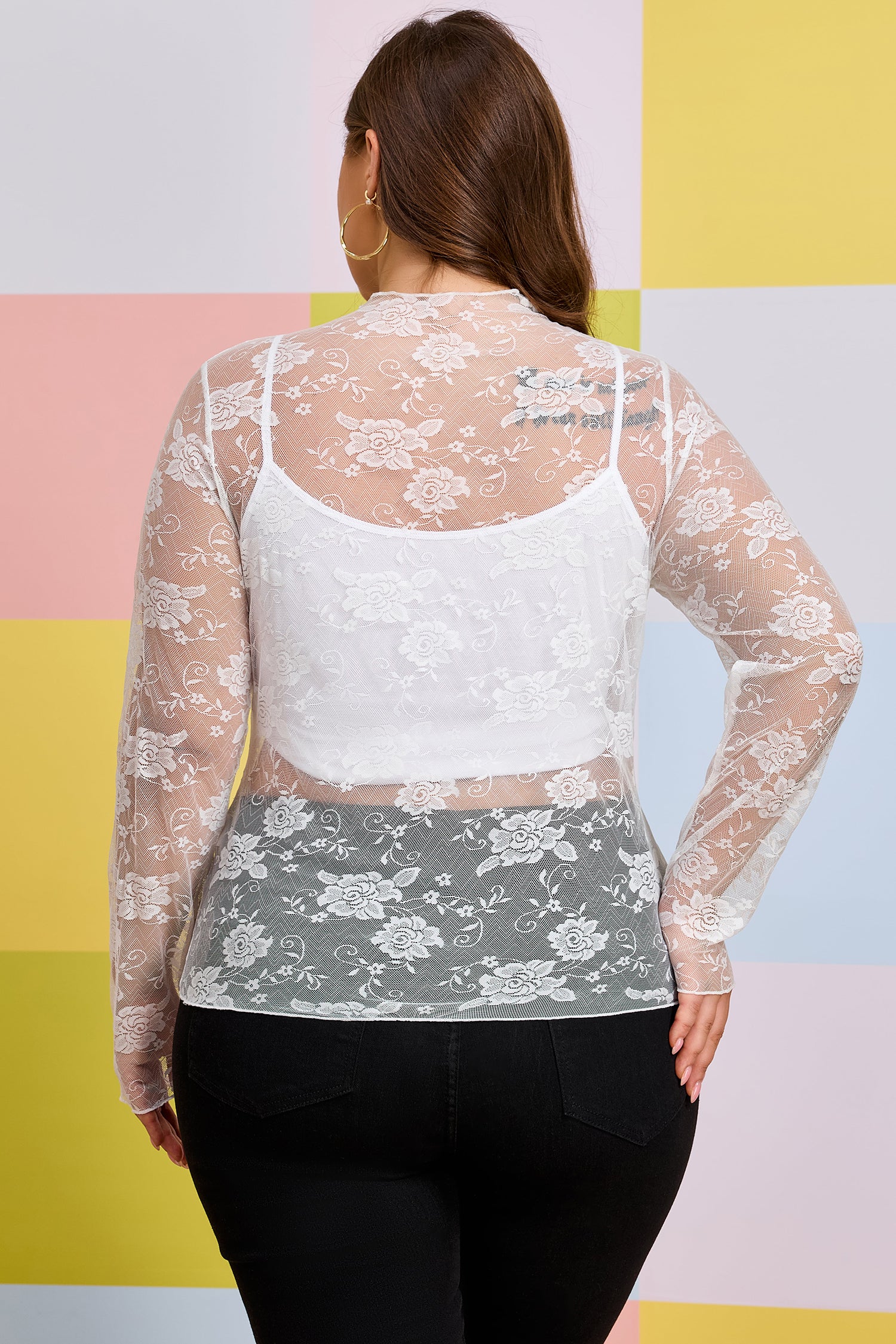 Plus Size Floral Mesh Long Sleeve Top