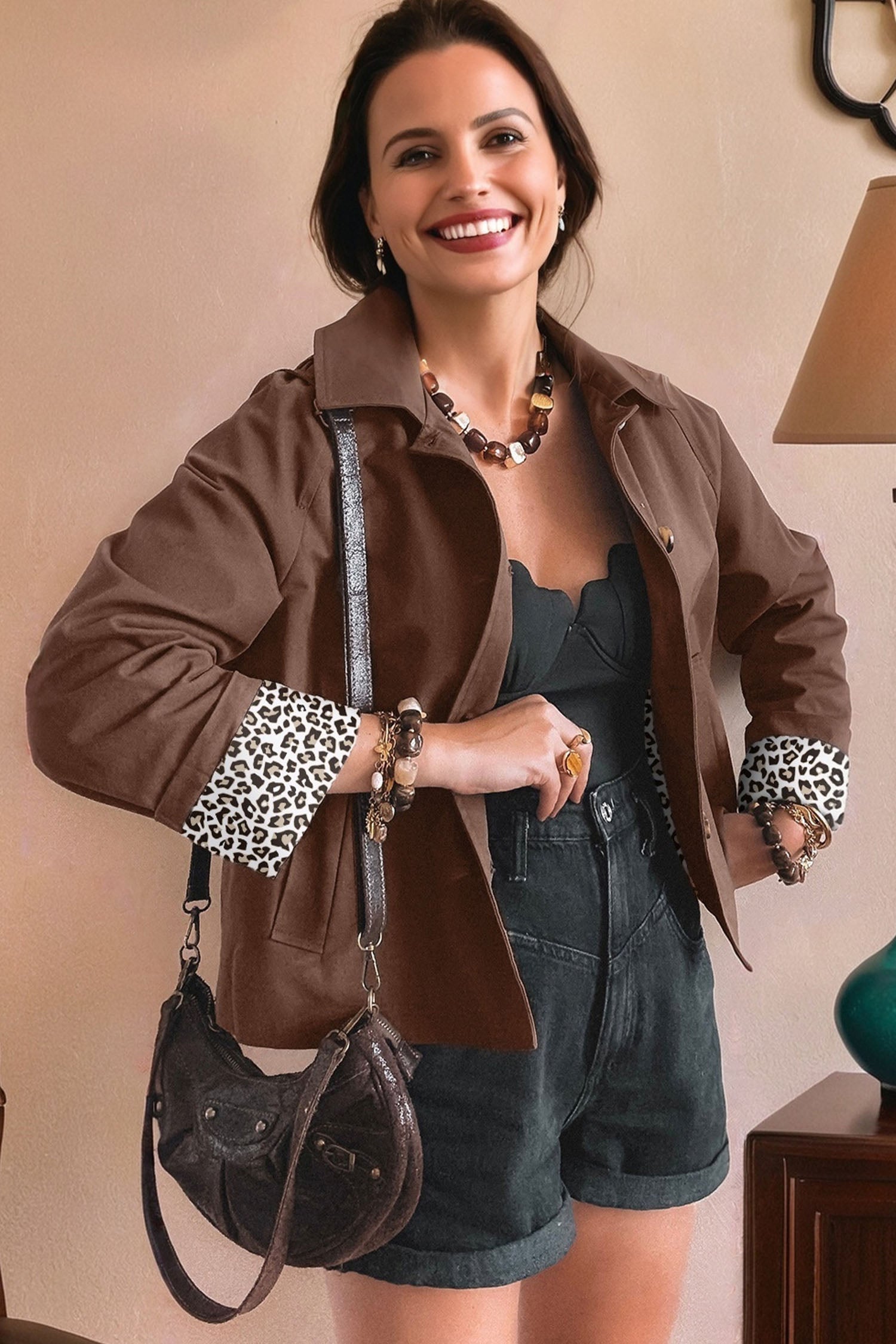 Collared Buttoned Leopard Liner Jacket - eAura