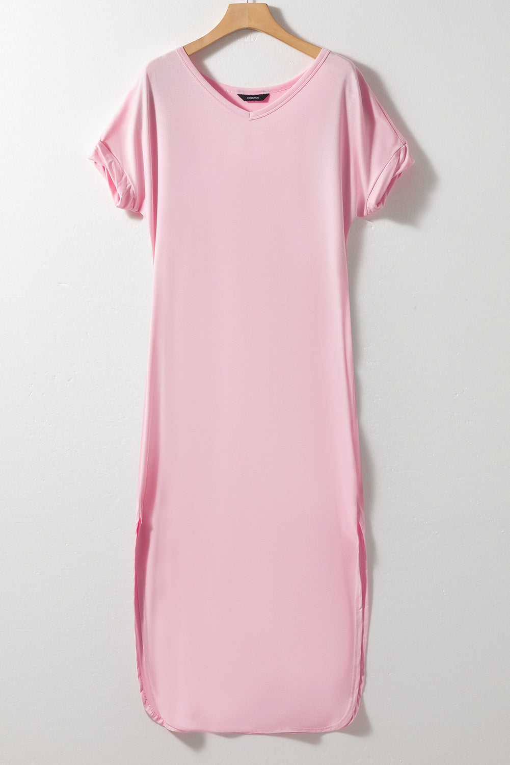 Pink V Neck Hidden Pocket Splits Maxi T-shirt Dress eAura