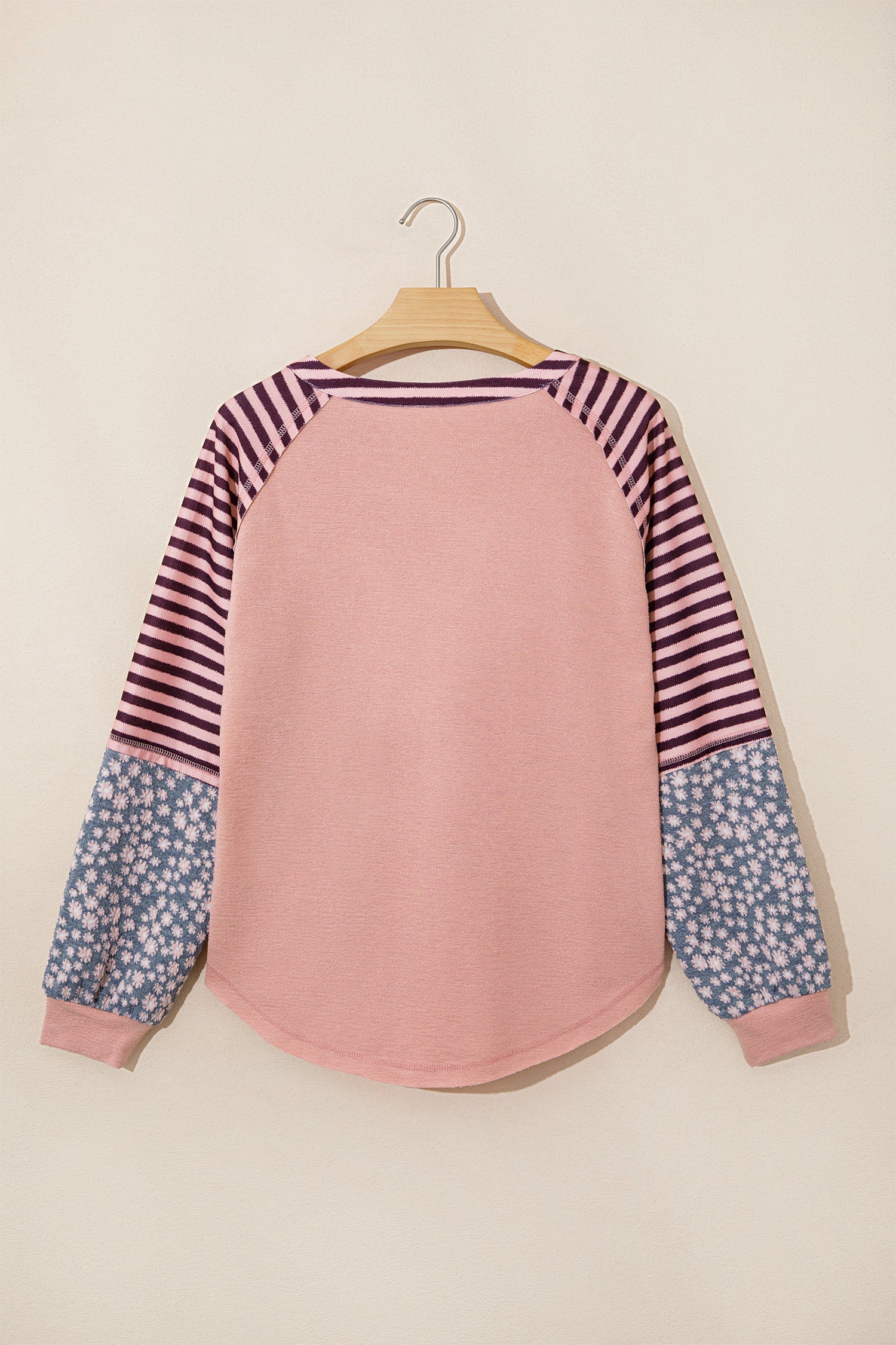 V Neck Colorblock Patchwork Striped Floral Long Sleeve Casual Top – Light Pink