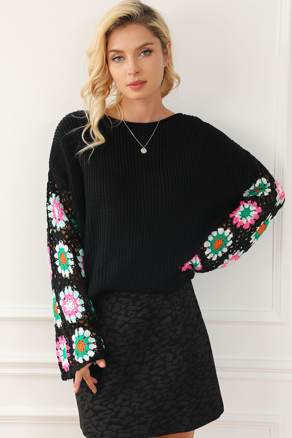 Black Floral Crochet Bell Sleeve Loose Sweater eAura