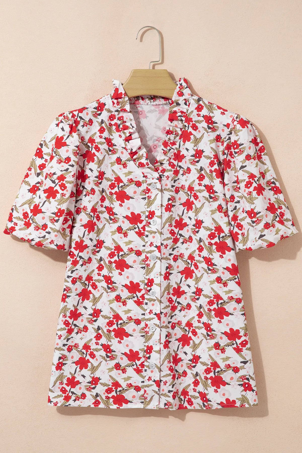 Floral Print Short Puff Sleeve Button Front Shirt