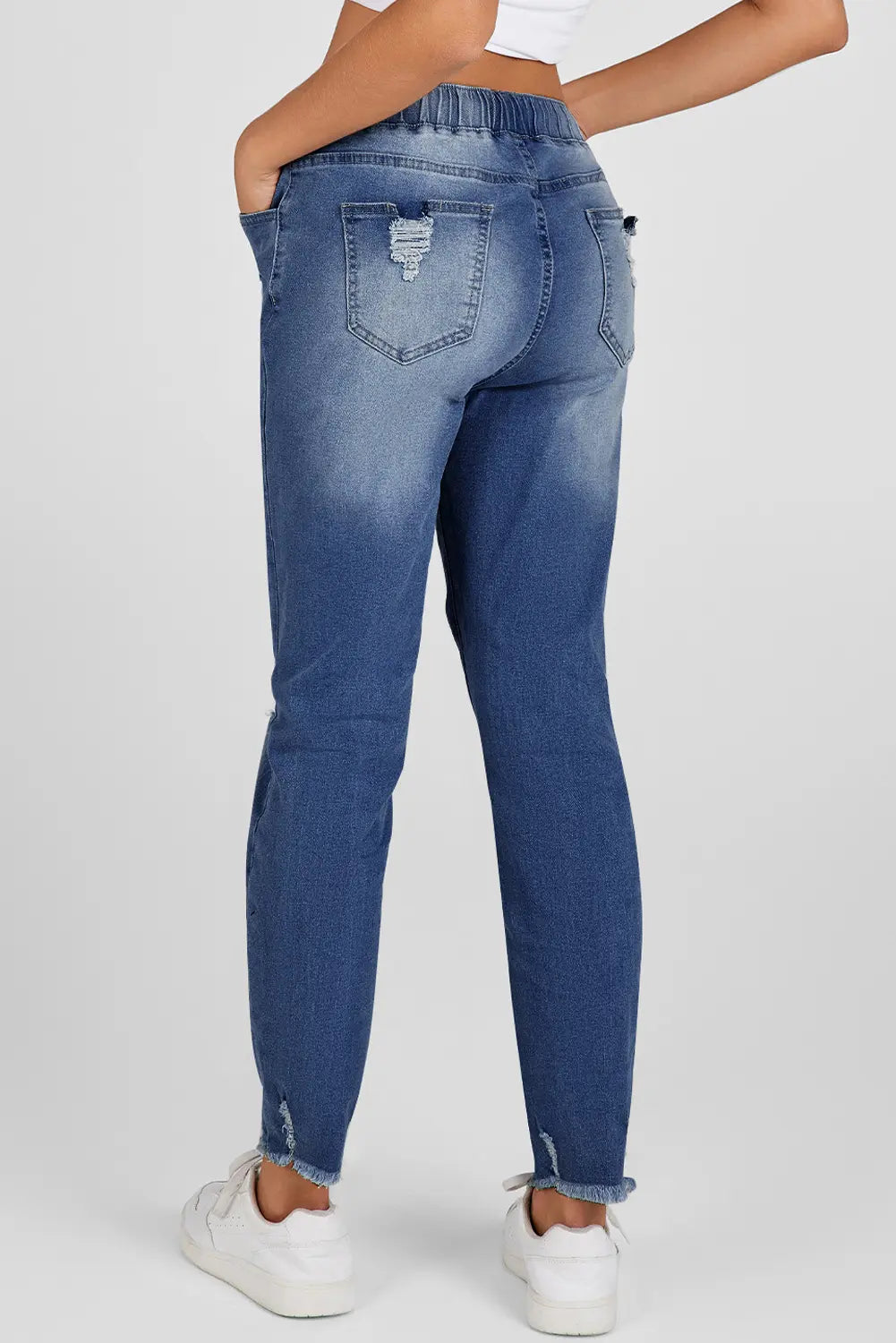 Elastic Waist Straight Leg Destroyed Raw Hem Jeans – Dark Blue