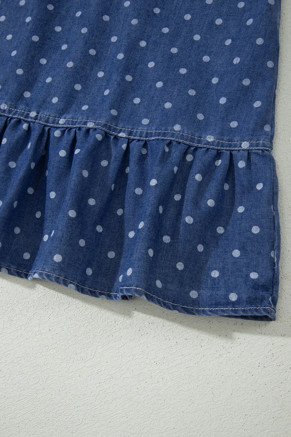 Polka Dot Ruffle Hem Sleeveless Denim Mini Dress – Blue