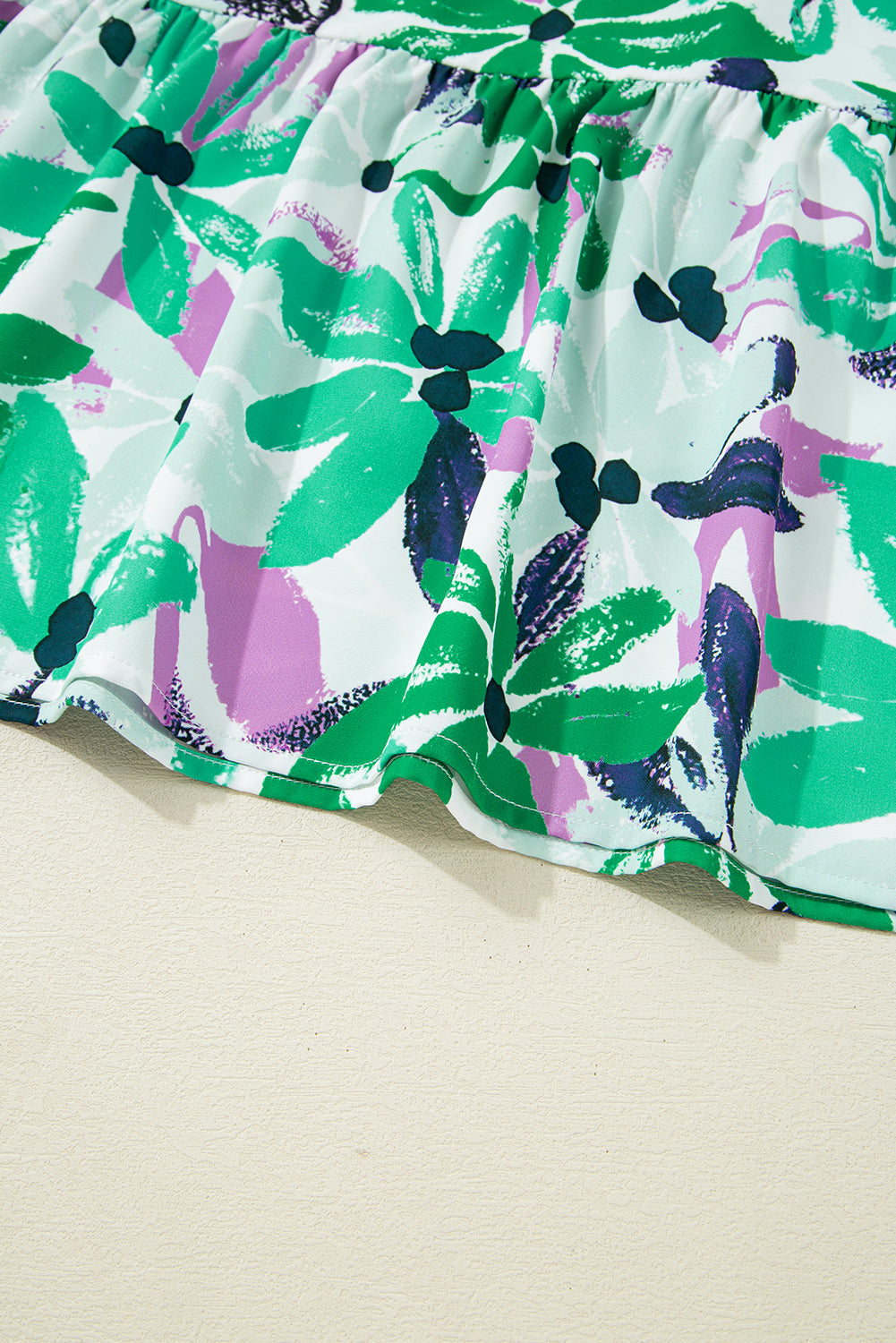 Green Floral Print Shirred Square Neck Loose Fit Mini Dress eAura