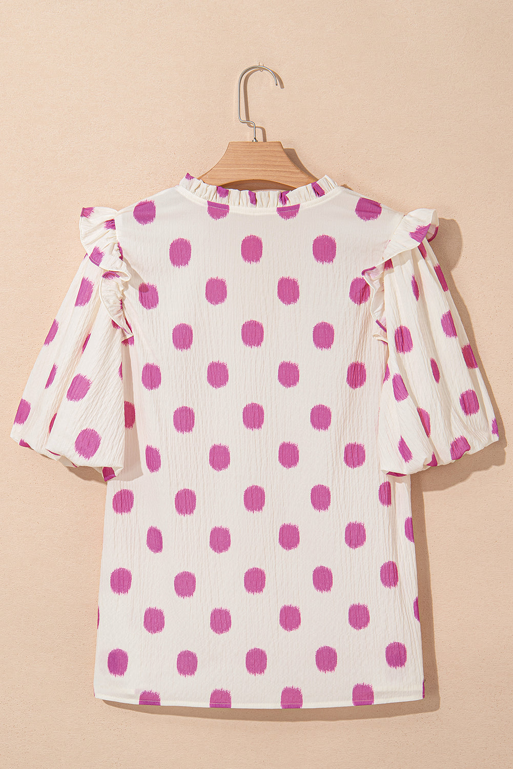 Rose Polka Dot Print Shirred Yoke Notched Neck Balloon Sleeve Blouse eAura