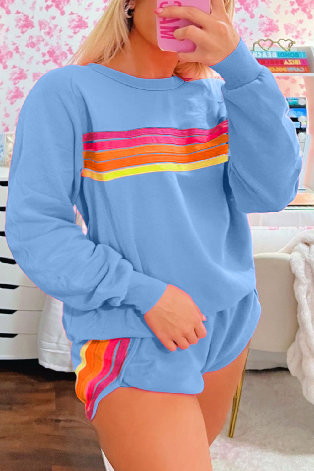 Beau Blue Striped Accent Pullover and Shorts Two Piece Casual Set Beagle Boutique Fashion Outlet