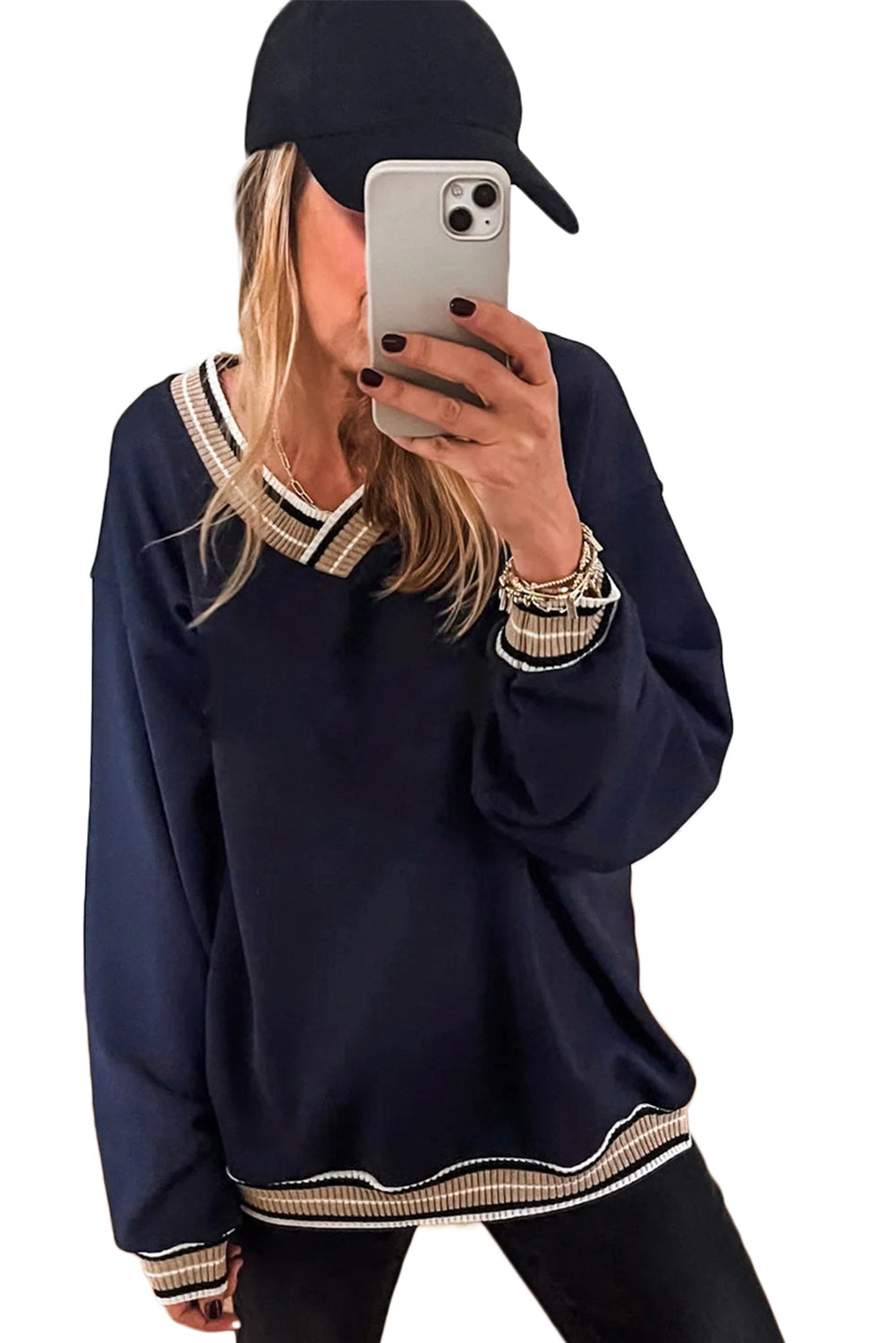 Varsity Contrast Trim V-Neck Sweatshirt - Tops/Sweatshirts & Hoodies