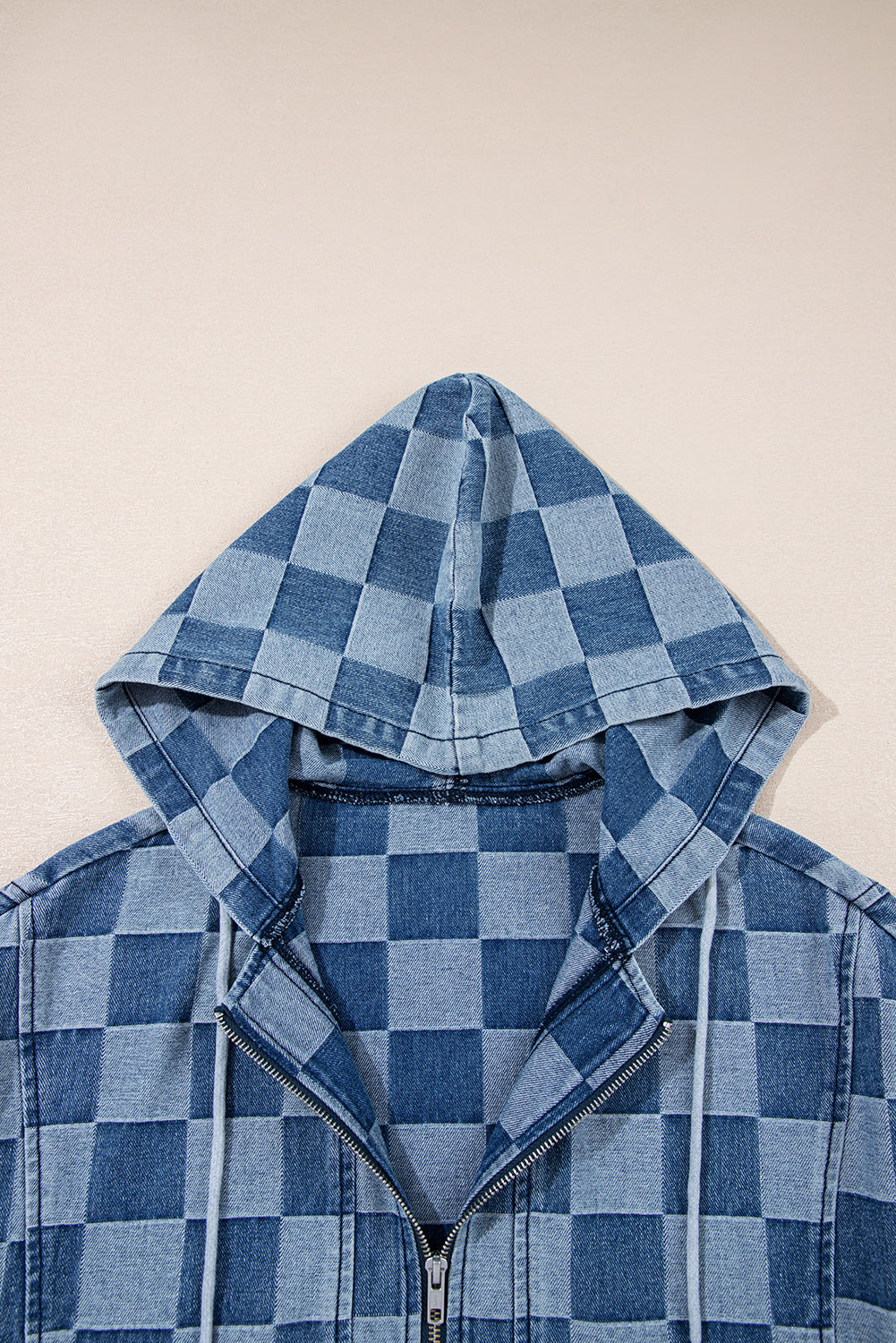 Checkerboard Zip Neck Kangaroo Pocket Denim Hoodie - eAura