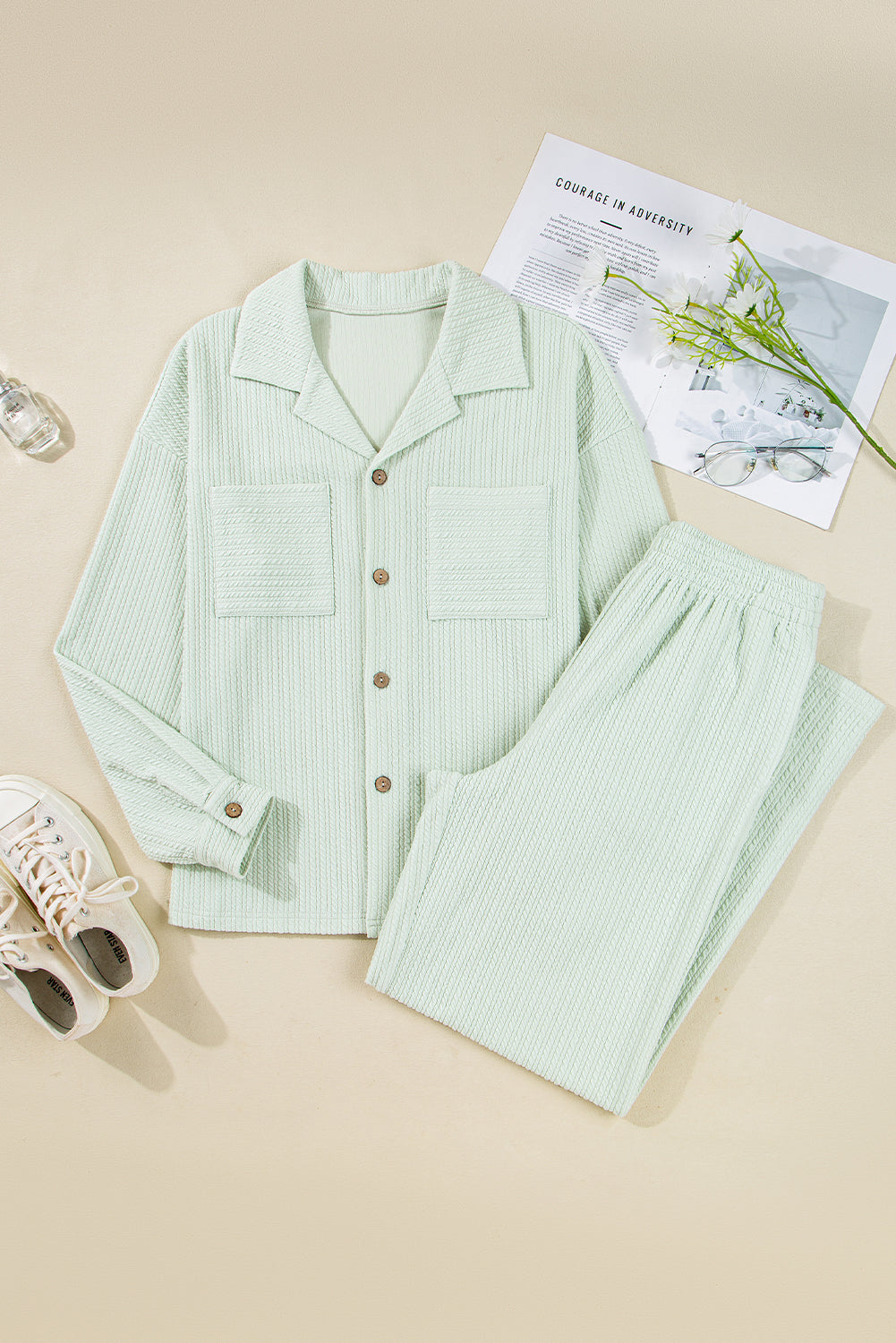 Clearly Aqua Textured Patched Chest Pocket Shirt and Pants Set Dear-Lover Dropshipping