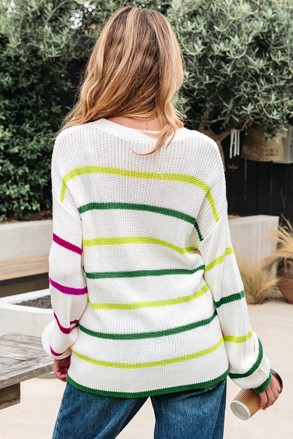 Stripe Drop Shoulder Crew Neck Sweater Contrast Colour eAura