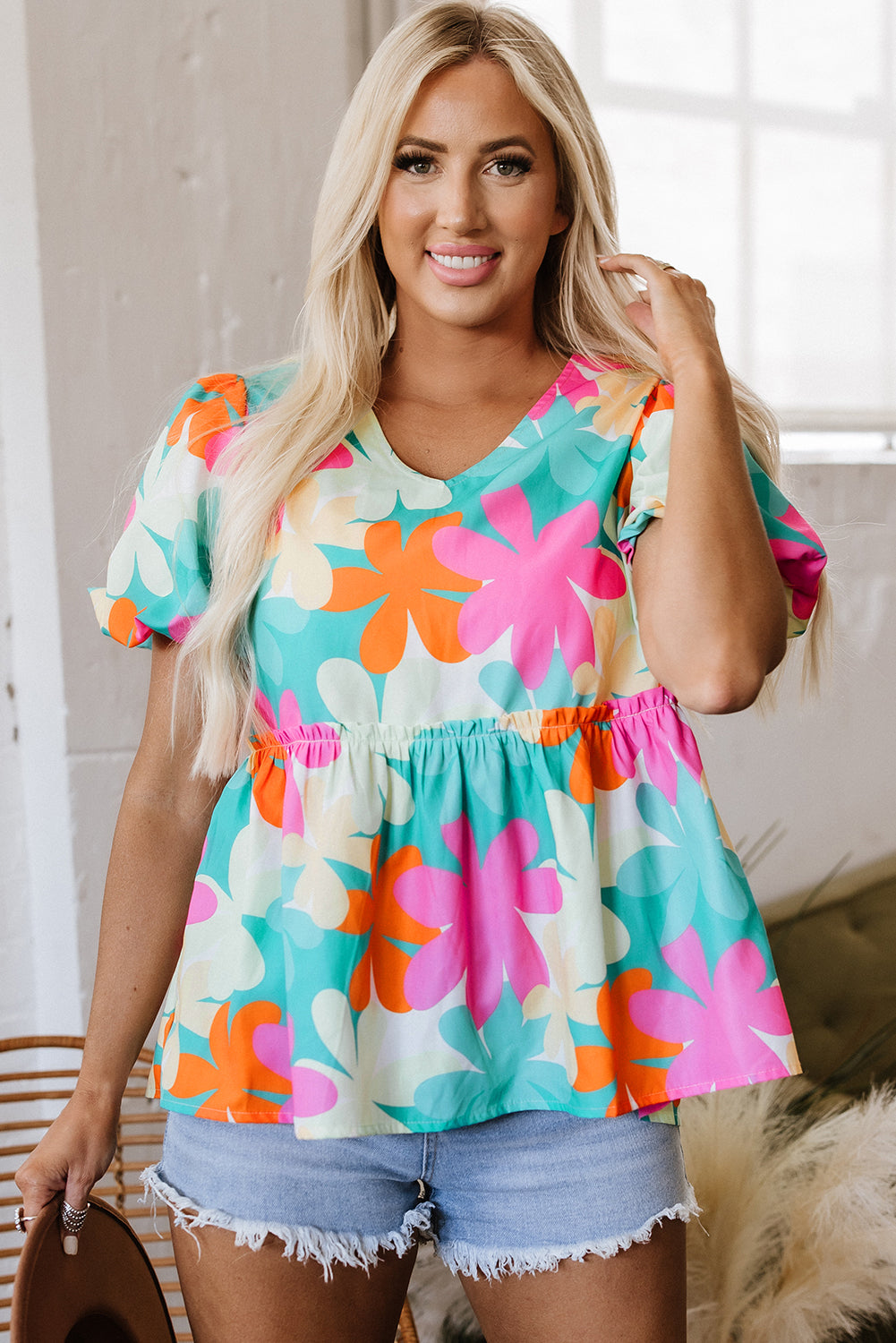 Pink Floral Print Bubble Sleeve V Neck Peplum Blouse eAura