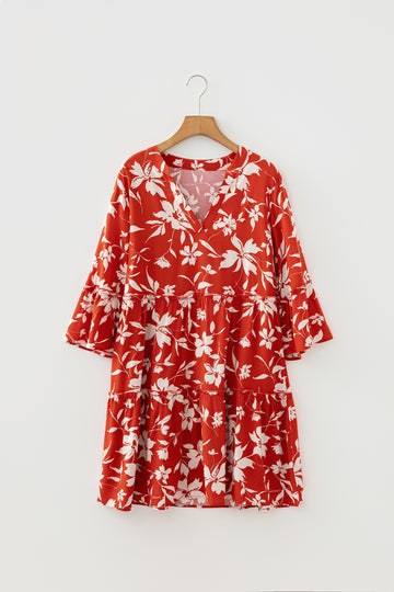 Boho Floral Print Lettuce Trim 3/4 Sleeve Mini Dress
