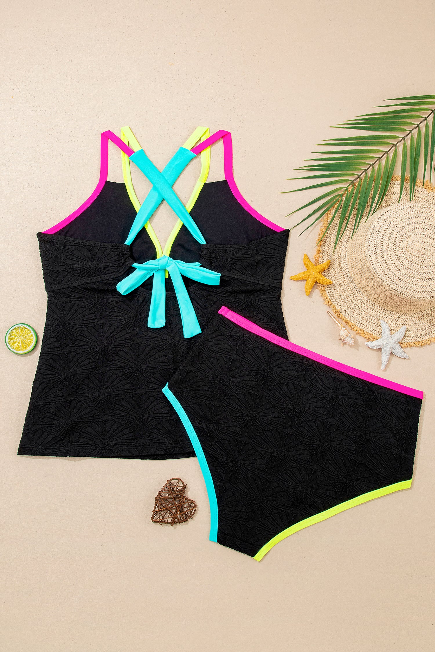 Floral Textured Neon Trim V-Neck Crisscross Backless Tankini Set