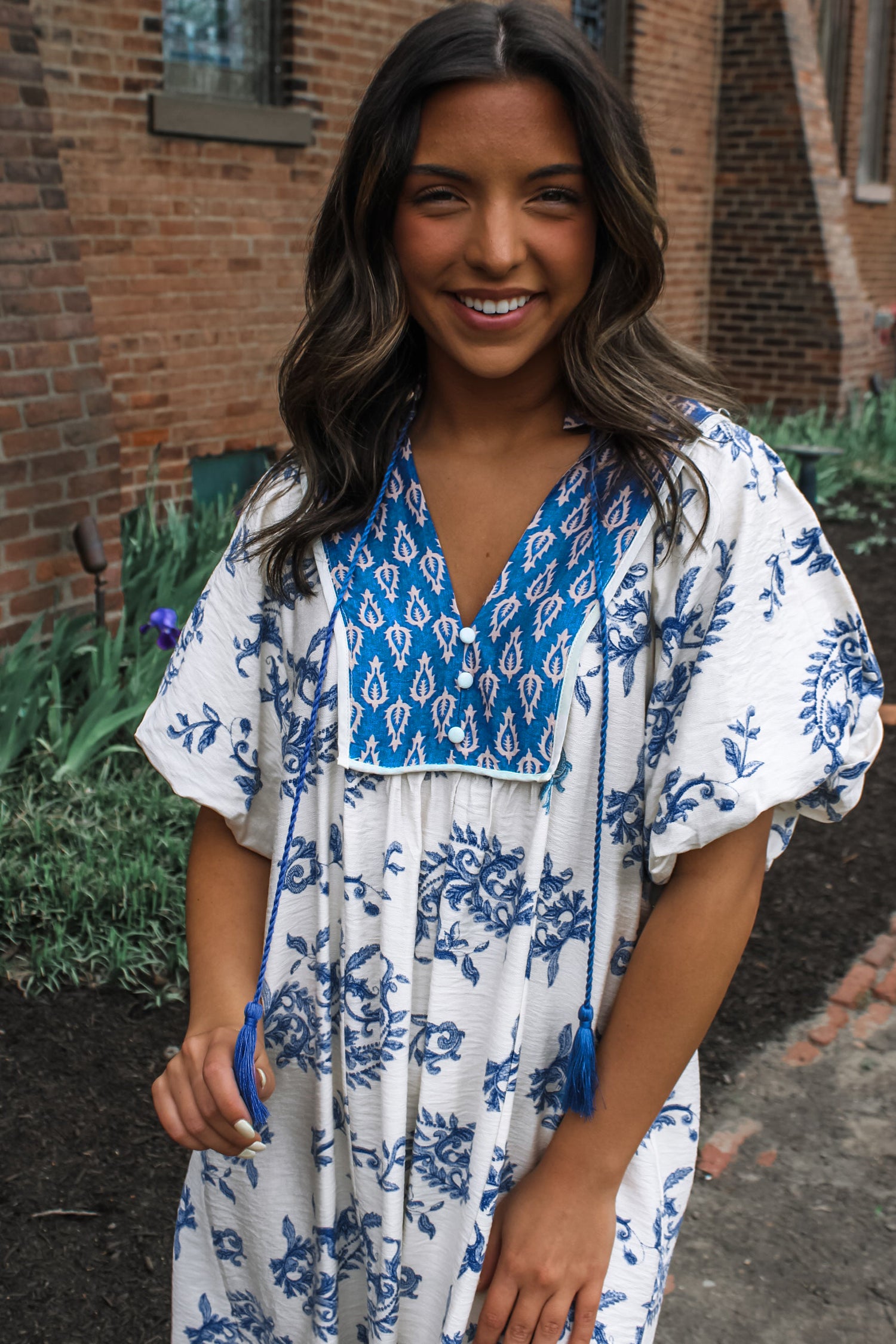 Sky Blue Boho Abstract Print Tassel Tie Maxi Dress