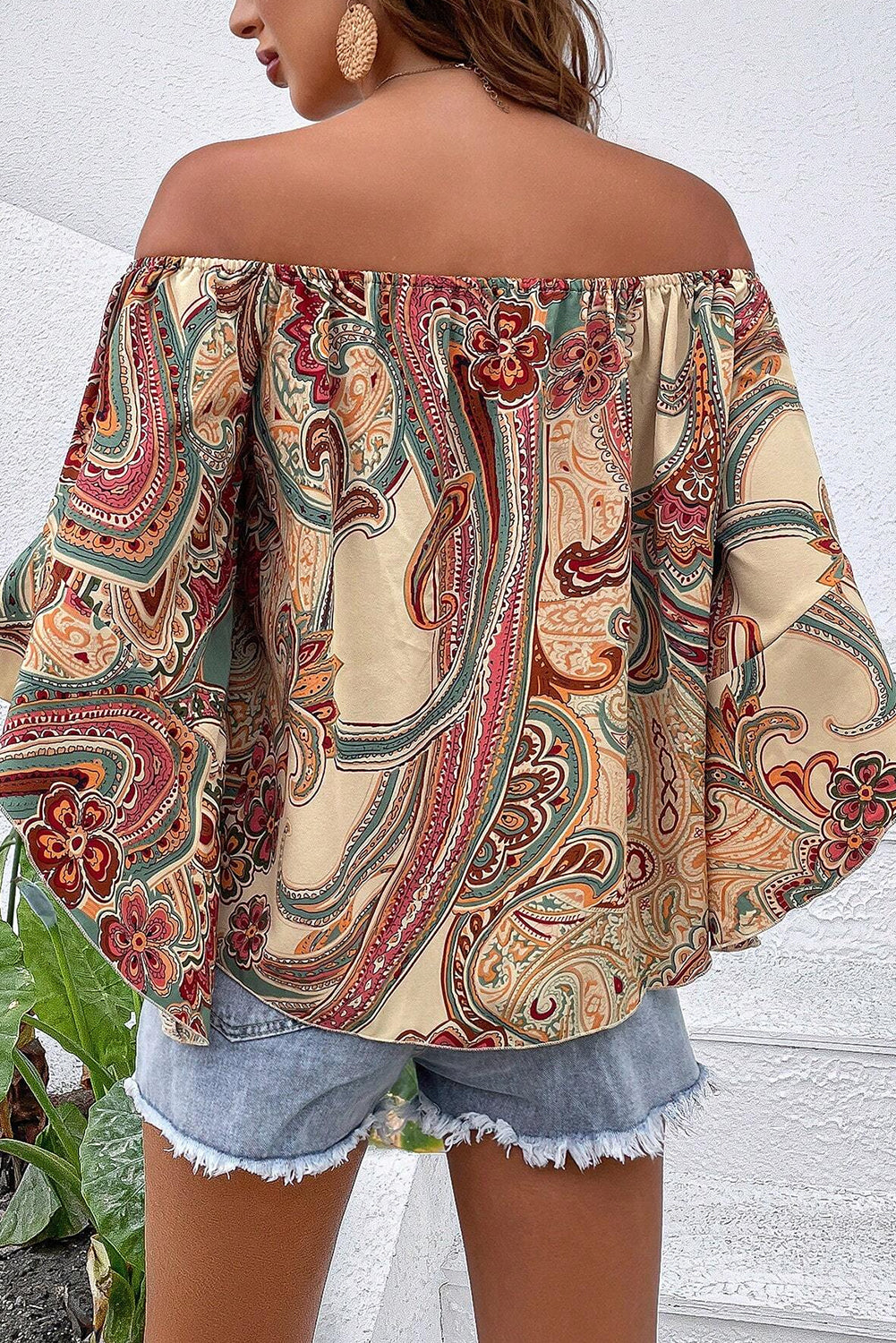 Apricot Paisley Printed Shirred Off Shoulder Ruffled Draped Sleeve Blouse eAura