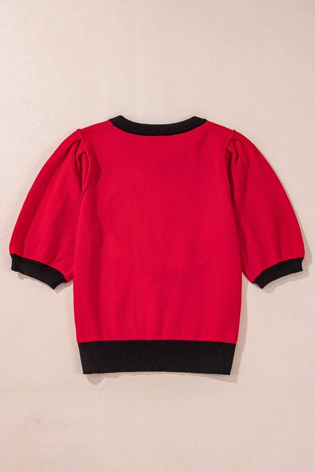 Red Sequin Rugby Colour Block Puff Short Sleeve Sweater eAura
