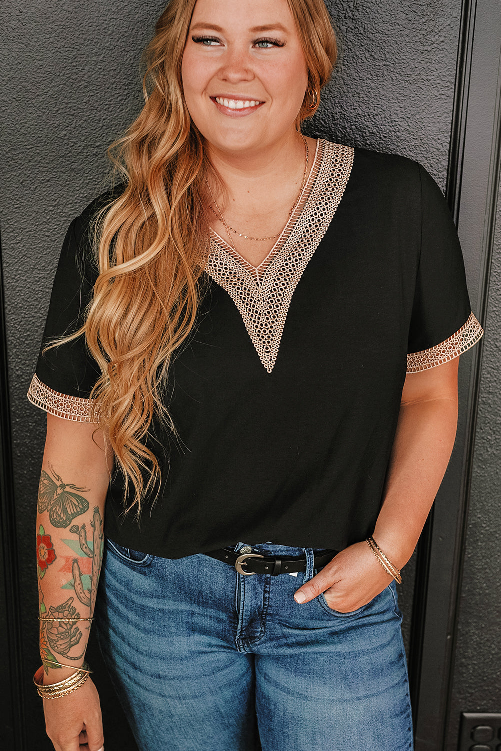 Black Lace Trim Short Sleeve V Neck Plus Size Top BB Fashion Outlet