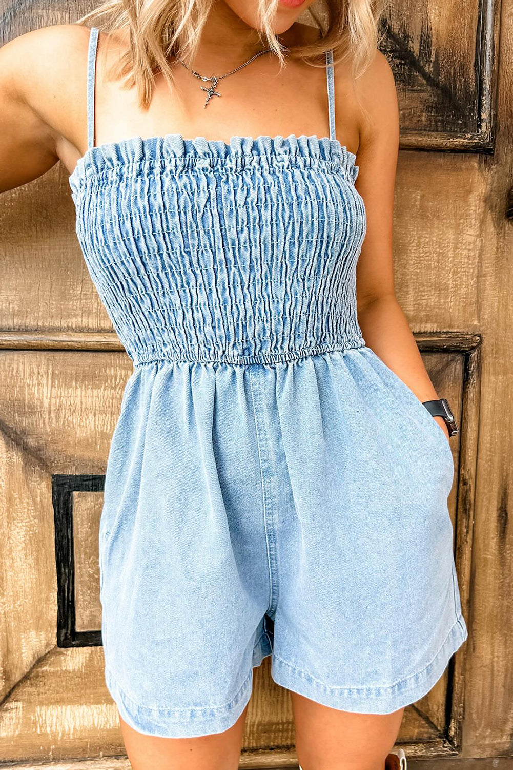 Beau Blue Spaghetti Strap Smocked Denim Romper - eAura